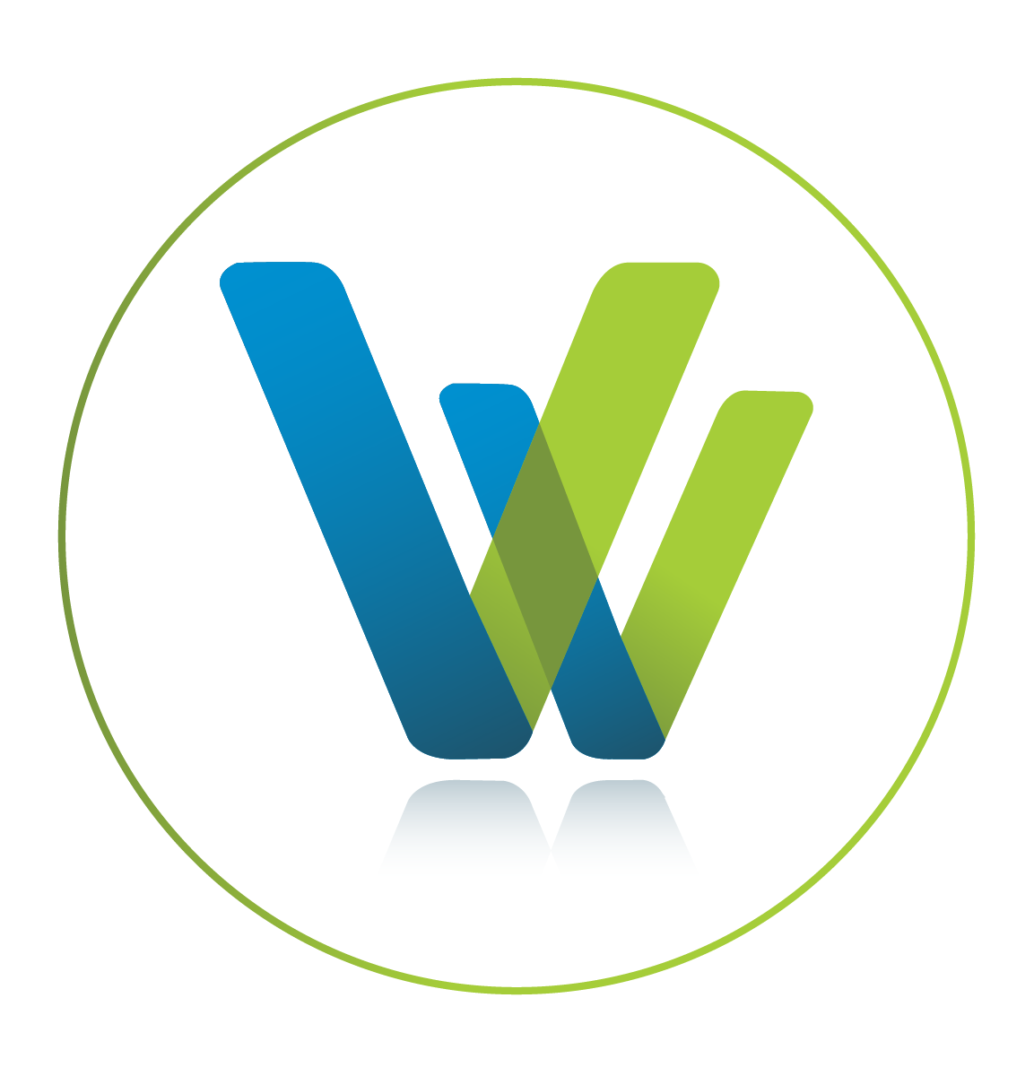 Circular white badge with a green border containing overlapping blue and lime-green W-shaped ribbons forming the logo, with a subtle reflection.