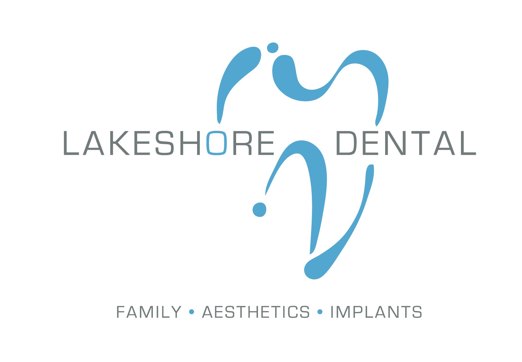 Logo for Lakeshore Dental: gray 'LAKESHORE DENTAL' text with blue decorative swooshes above, and the tagline 'FAMILY • AESTHETICS • IMPLANTS' beneath.