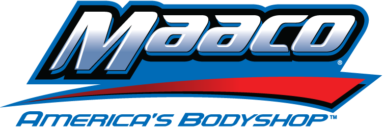 Maaco logo: bold blue and white lettering with a red swoosh and 'America's Bodyshop' tagline, brand for auto body repairs