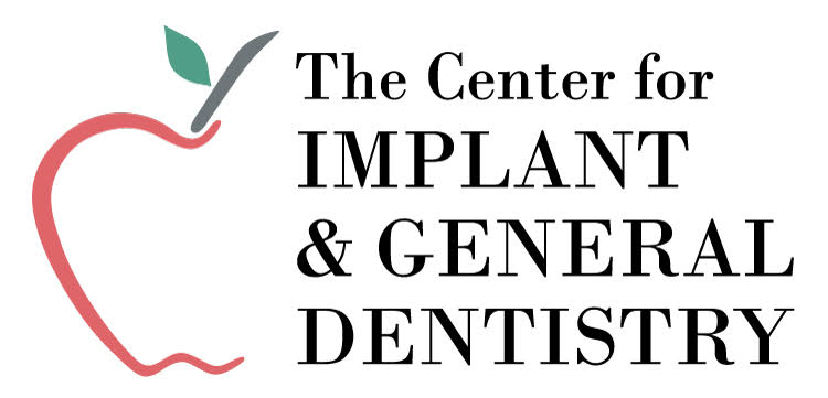 Logo for The Center for Implant & General Dentistry: a peach-colored tooth outline with a green leaf, beside bold black text naming the center.