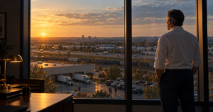 Who Owns Marketing: CEO at the Office Window | Lucé Media | Lucé Media who owns marketing business owner standing at his office window looking out over his company and the market beyond