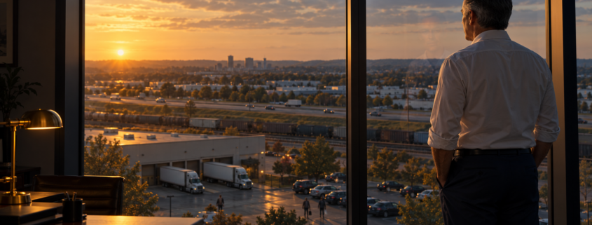 Who Owns Marketing: CEO at the Office Window | Lucé Media who owns marketing business owner standing at his office window looking out over his company and the market beyond